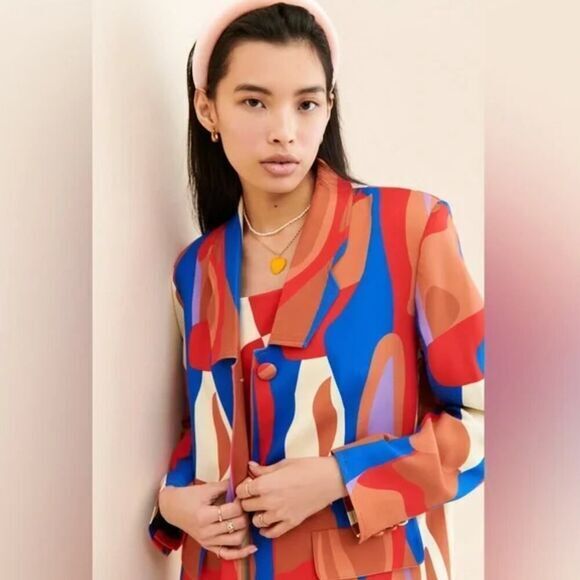 New! Hosbjerg Anthropologie Greta Adele Blazer geometric abstract print red blue - Picture 3 of 16